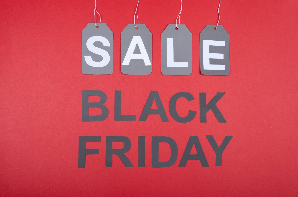 Black Friday Sale text against a red background.